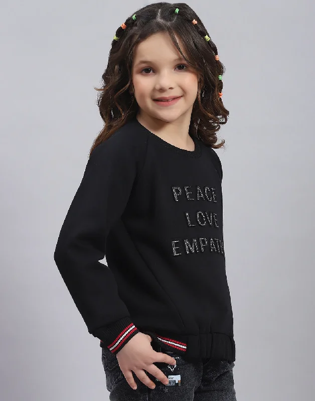 Girls Black Printed Round Neck Full Sleeve Sweatshirt