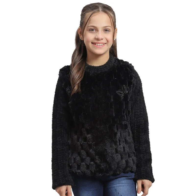 Girls Black Self Design Round Neck Full Sleeve Sweatshirt