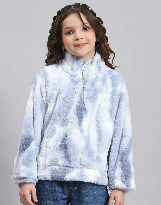 Girls Blue Printed H Neck Full Sleeve Sweatshirt