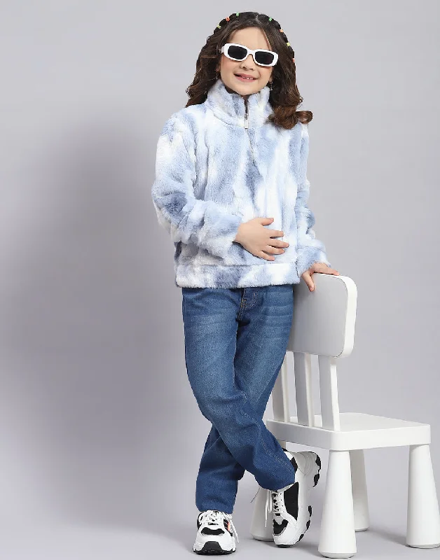 Girls Blue Printed H Neck Full Sleeve Sweatshirt