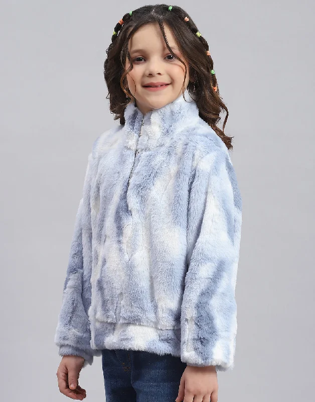 Girls Blue Printed H Neck Full Sleeve Sweatshirt