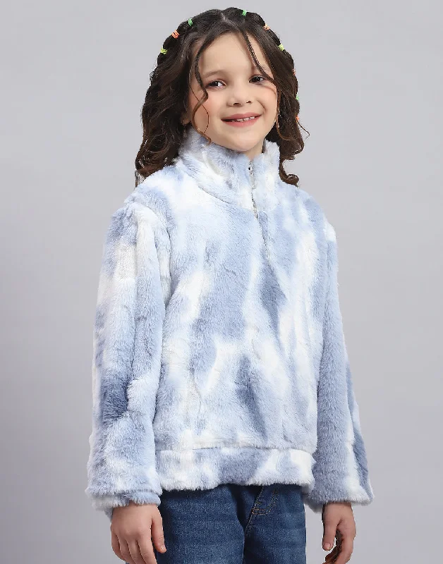 Girls Blue Printed H Neck Full Sleeve Sweatshirt