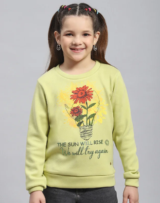 Girls Green Printed Round Neck Full Sleeve Sweatshirt