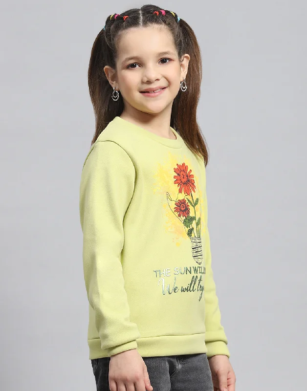 Girls Green Printed Round Neck Full Sleeve Sweatshirt