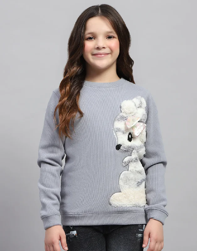 Girls Grey Self Design Round Neck Full Sleeve Sweatshirt