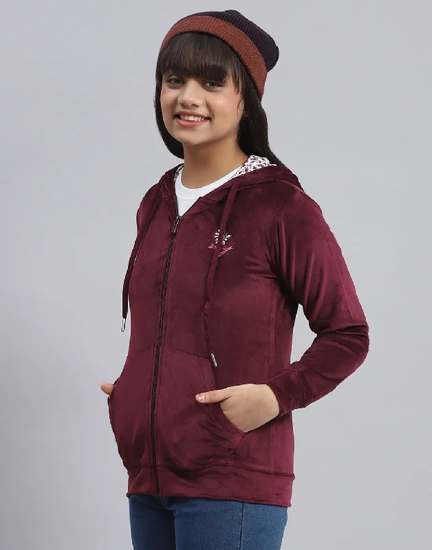 Girls Maroon Solid Hooded Full Sleeve Sweatshirt