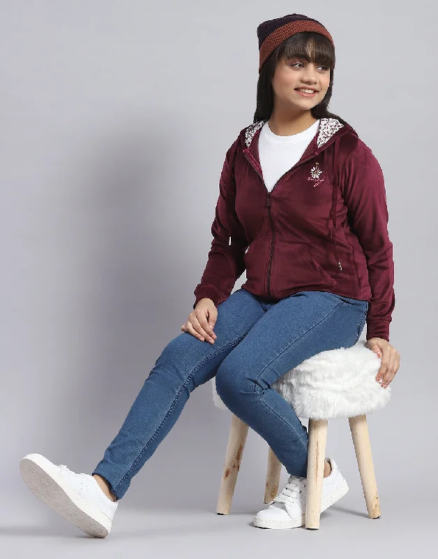 Girls Maroon Solid Hooded Full Sleeve Sweatshirt