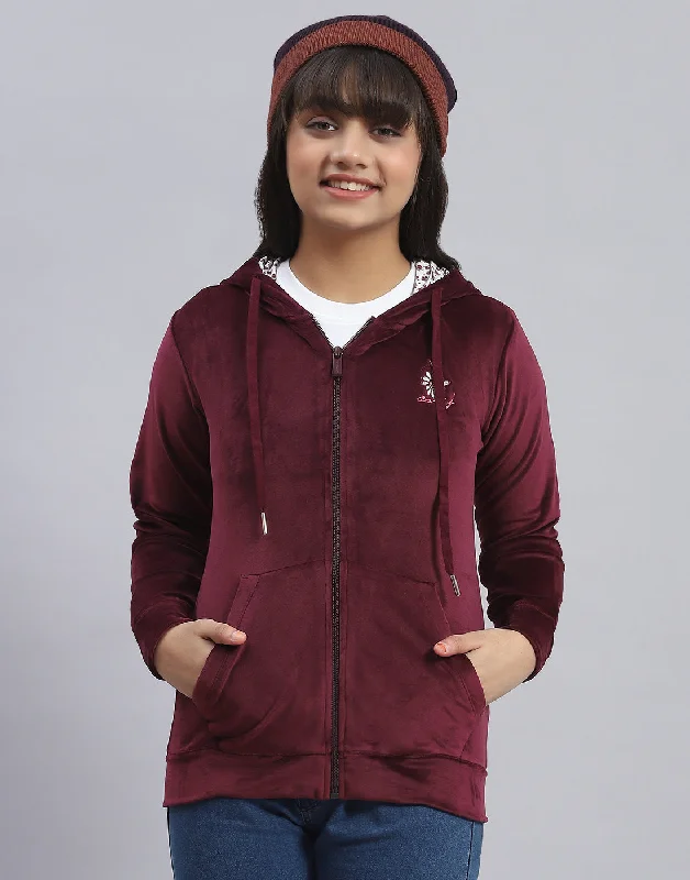 Girls Maroon Solid Hooded Full Sleeve Sweatshirt