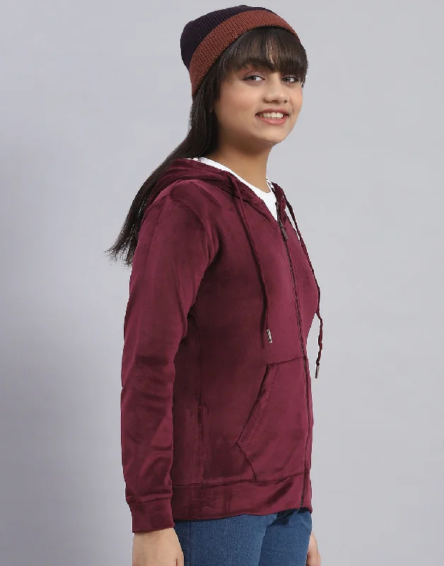 Girls Maroon Solid Hooded Full Sleeve Sweatshirt