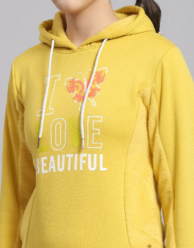 Girls Mustard Printed Hooded Full Sleeve Sweatshirt