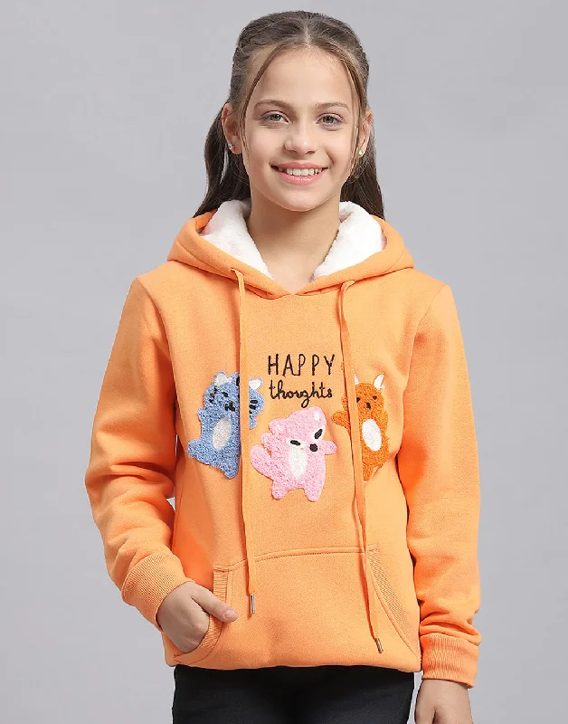 Girls Orange Embroidered Hooded Full Sleeve Sweatshirt