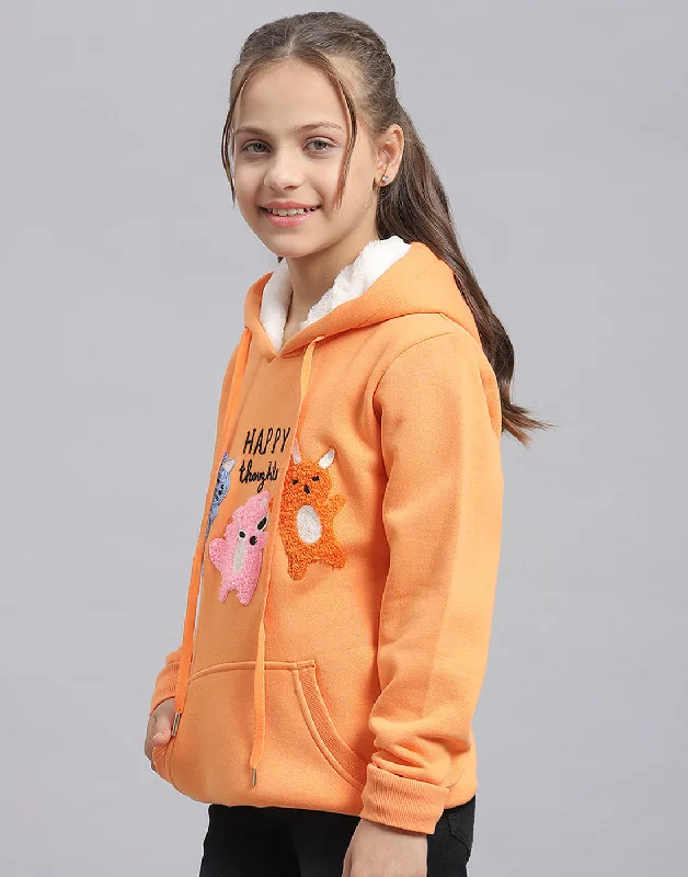 Girls Orange Embroidered Hooded Full Sleeve Sweatshirt