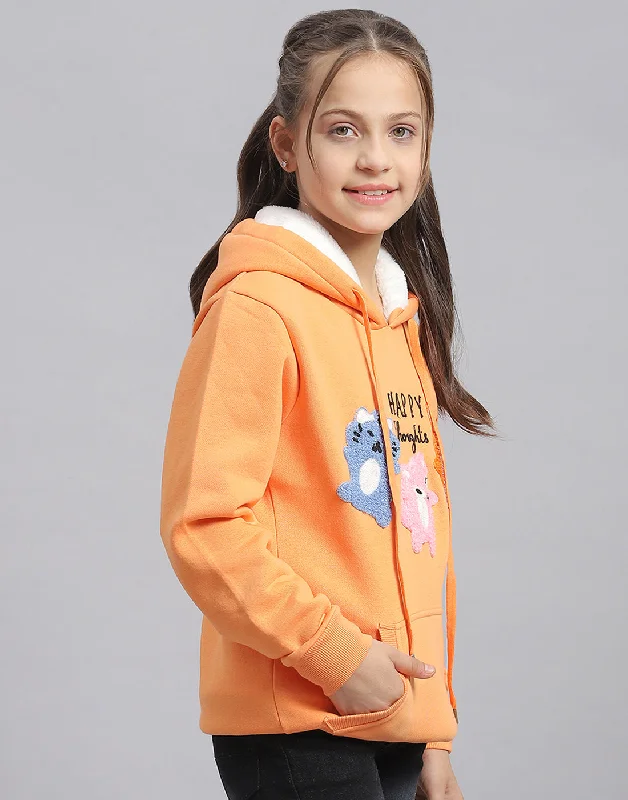 Girls Orange Embroidered Hooded Full Sleeve Sweatshirt