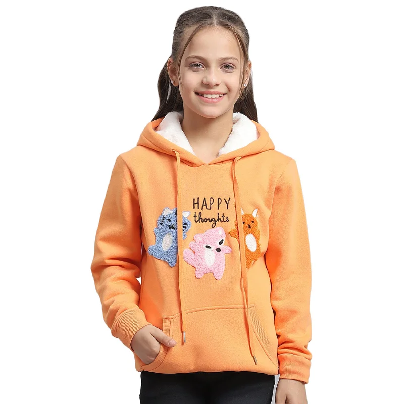 Girls Orange Embroidered Hooded Full Sleeve Sweatshirt