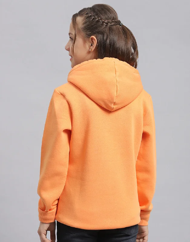 Girls Orange Embroidered Hooded Full Sleeve Sweatshirt