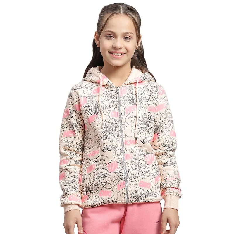 Girls Peach Printed Hooded Full Sleeve Sweatshirt