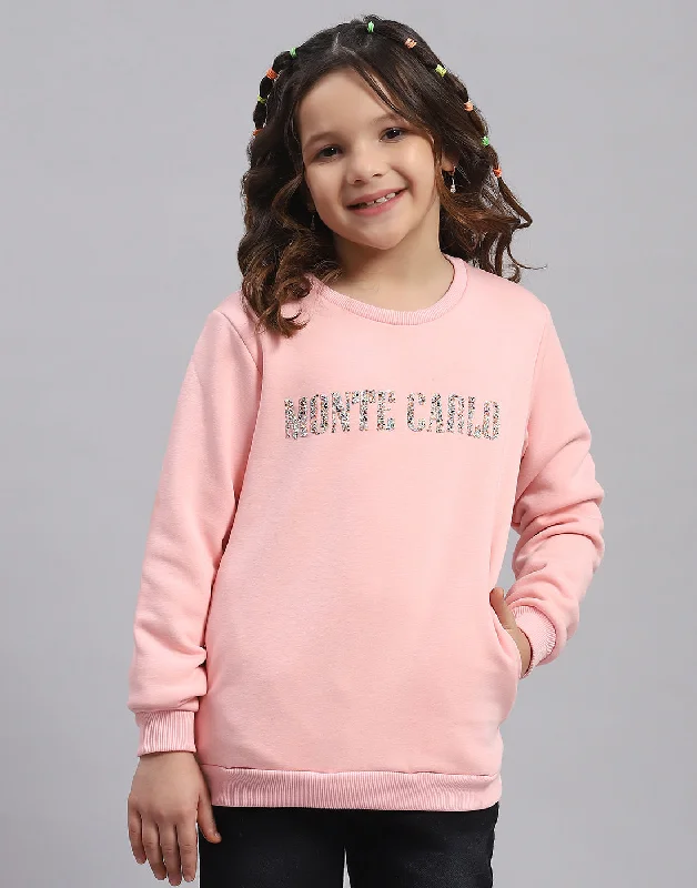 Girls Pink Embellished Round Neck Full Sleeve Sweatshirt