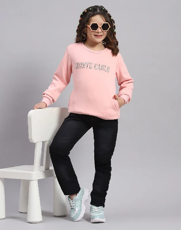 Girls Pink Embellished Round Neck Full Sleeve Sweatshirt