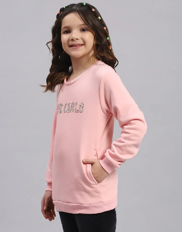 Girls Pink Embellished Round Neck Full Sleeve Sweatshirt