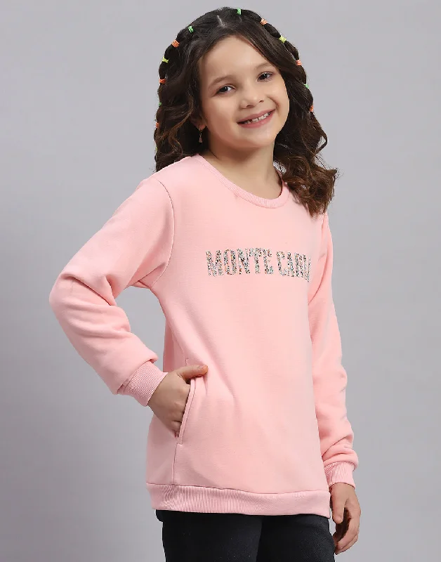 Girls Pink Embellished Round Neck Full Sleeve Sweatshirt