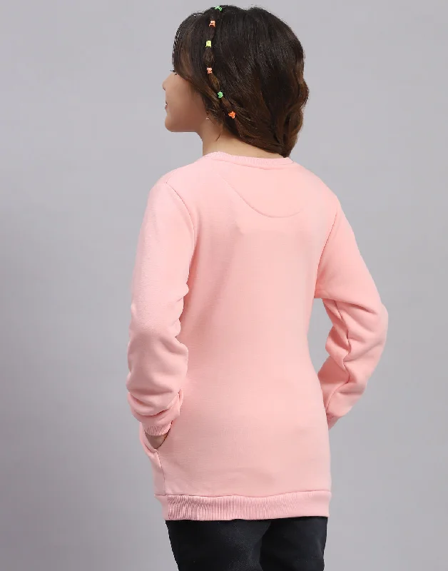 Girls Pink Embellished Round Neck Full Sleeve Sweatshirt