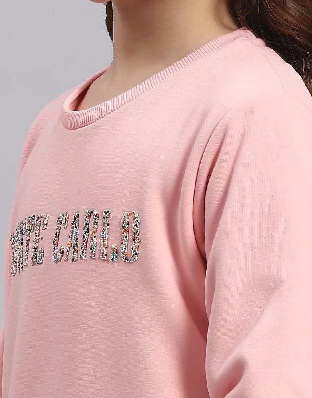 Girls Pink Embellished Round Neck Full Sleeve Sweatshirt