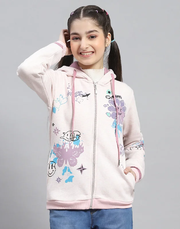 Girls Pink Printed Hooded Full Sleeve Sweatshirt