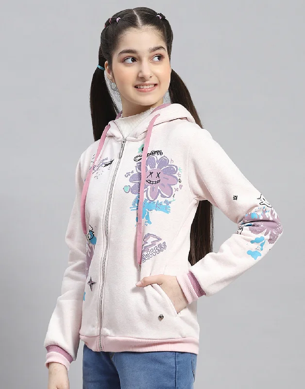 Girls Pink Printed Hooded Full Sleeve Sweatshirt