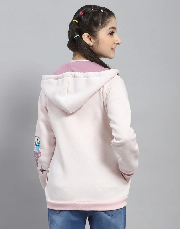 Girls Pink Printed Hooded Full Sleeve Sweatshirt