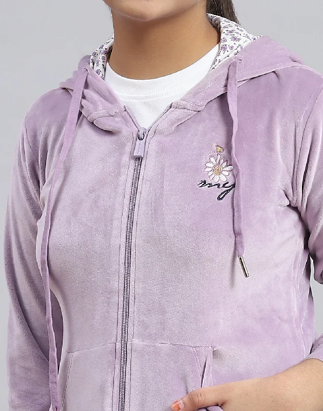 Girls Purple Solid Hooded Full Sleeve Sweatshirt