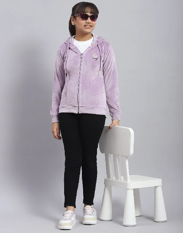 Girls Purple Solid Hooded Full Sleeve Sweatshirt