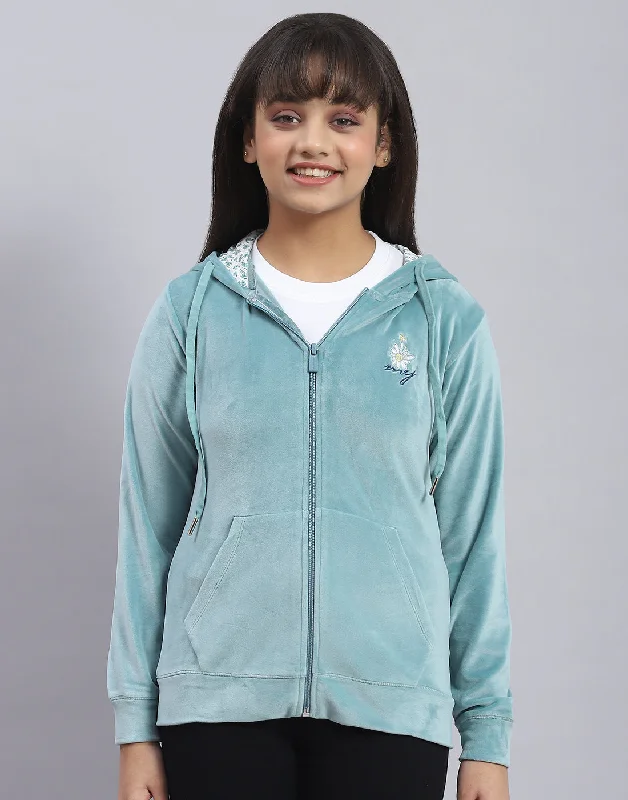 Girls Teal Blue Solid Hooded Full Sleeve Sweatshirt