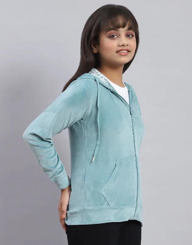 Girls Teal Blue Solid Hooded Full Sleeve Sweatshirt