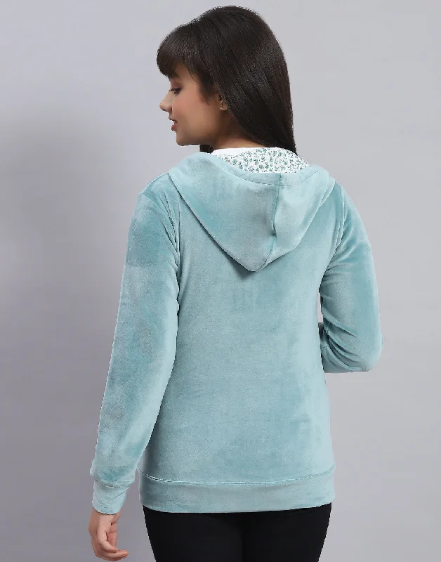 Girls Teal Blue Solid Hooded Full Sleeve Sweatshirt