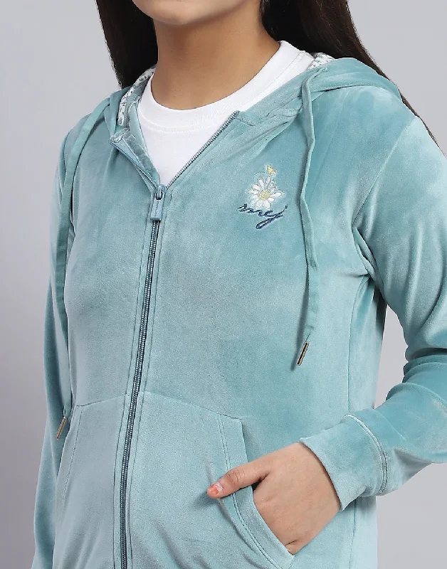 Girls Teal Blue Solid Hooded Full Sleeve Sweatshirt